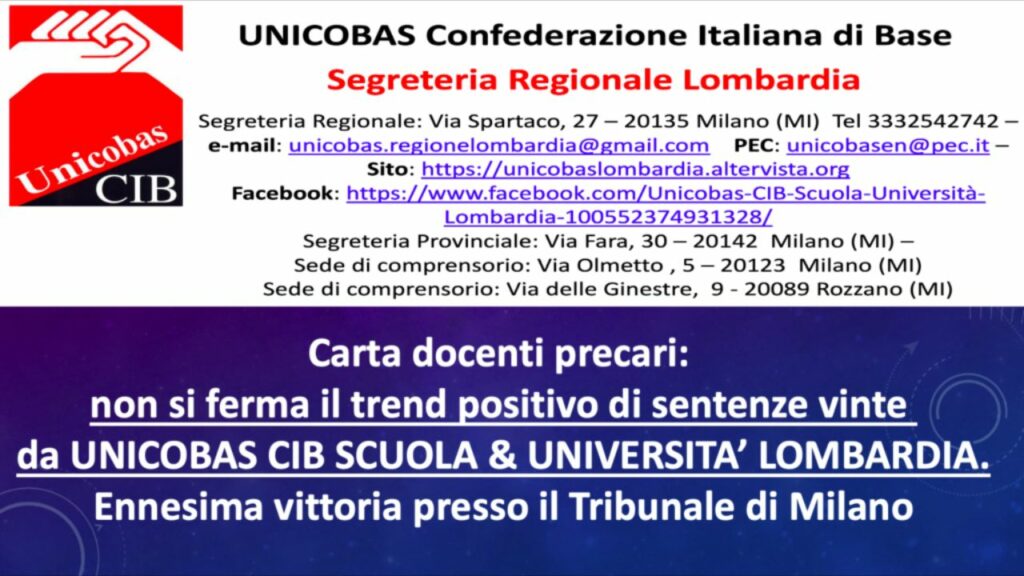 Carta docenti precari: non si ferma il trend positivo di sentenze vinte da UNICOBAS Lombardia