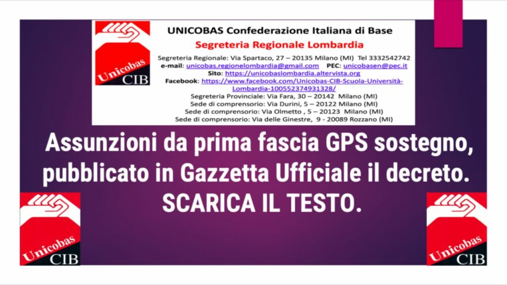 Assunzioni da prima fascia GPS sostegno, pubblicato in Gazzetta Ufficiale il decreto scarica il testo