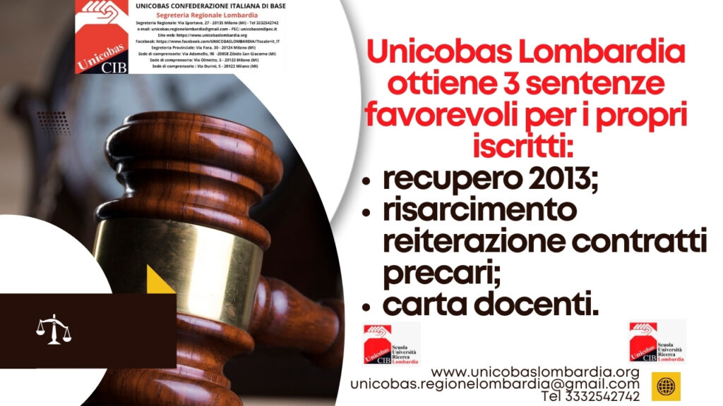 Unicobas Lombardia ottiene 3 sentenze favorevoli per i propri iscritti